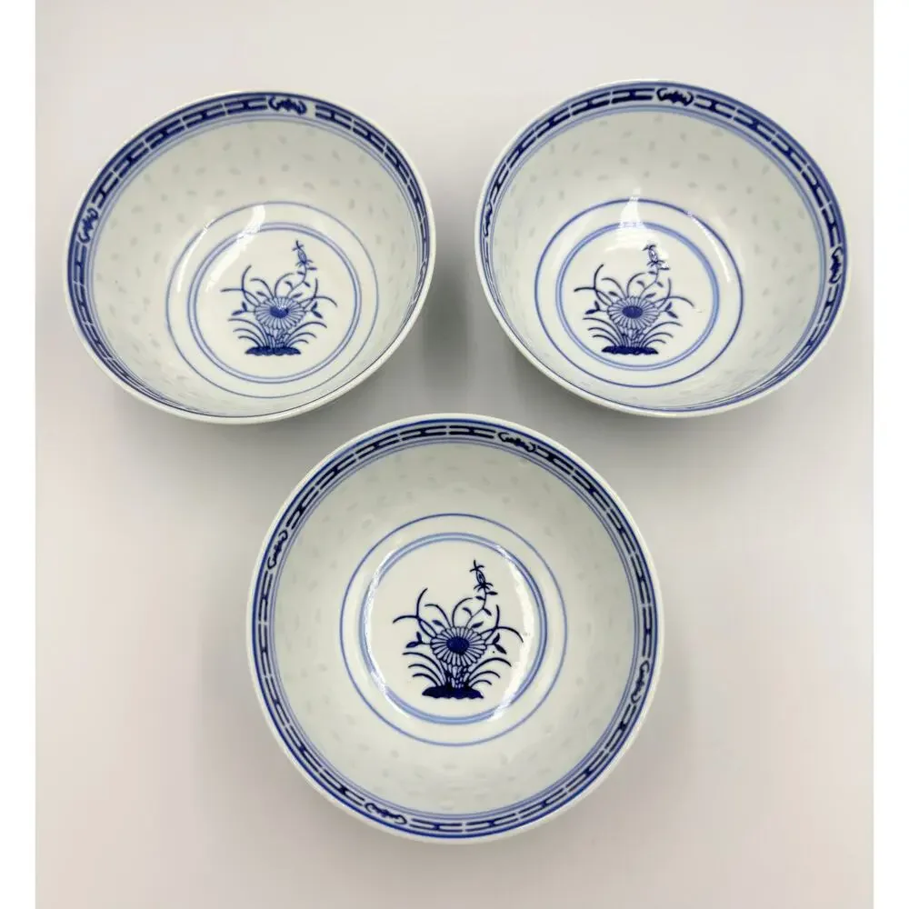 Tienshan Chinese Rice Grain Coupe Soup Bowls Blue & White Chrysanthemum 3pc Set